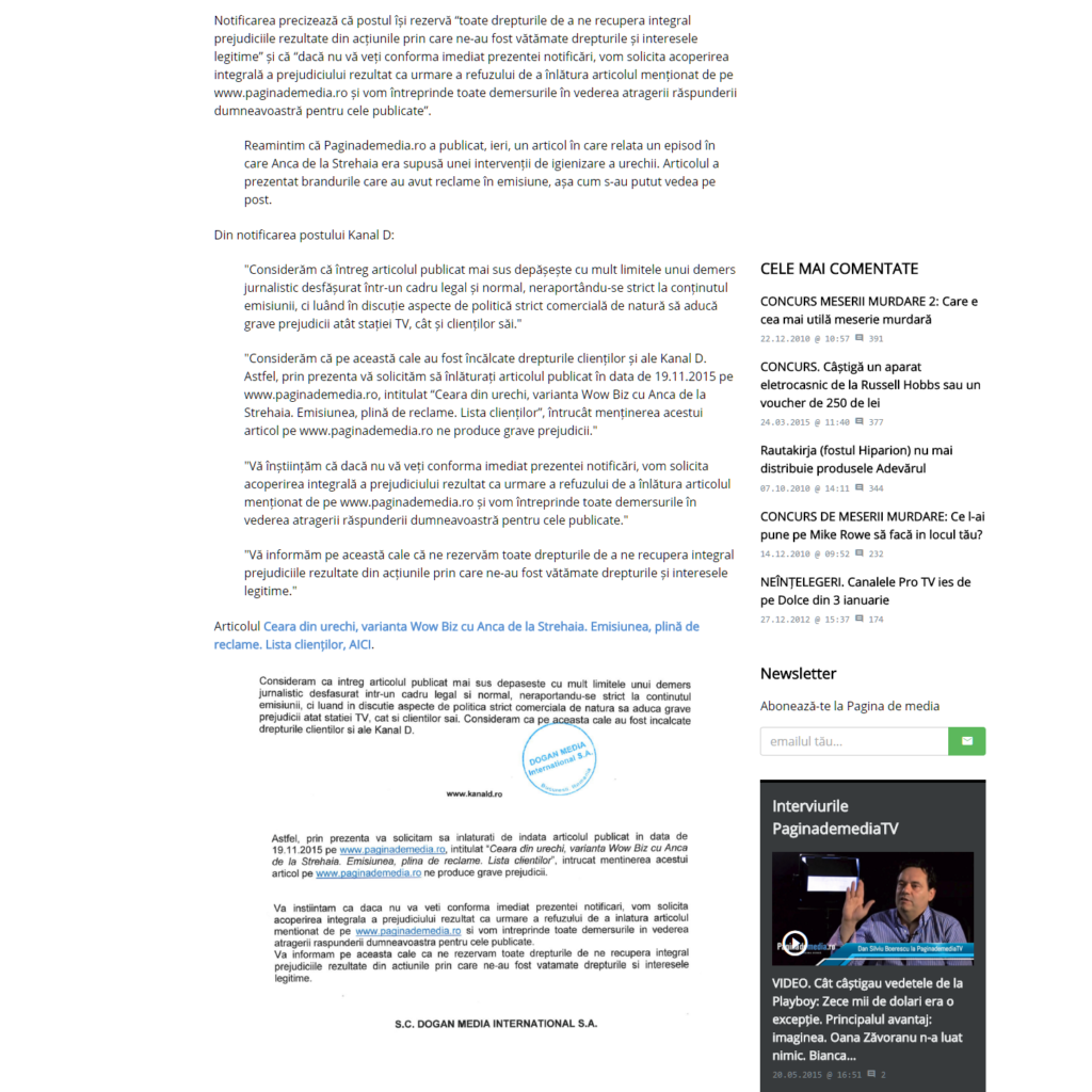 Notificare Kanal D “înlăturați articolul Ceara din urechi varianta WowBiz”. “Depășește limitele unui demers jurnalistic desfășurat într un cadru legal și normal”